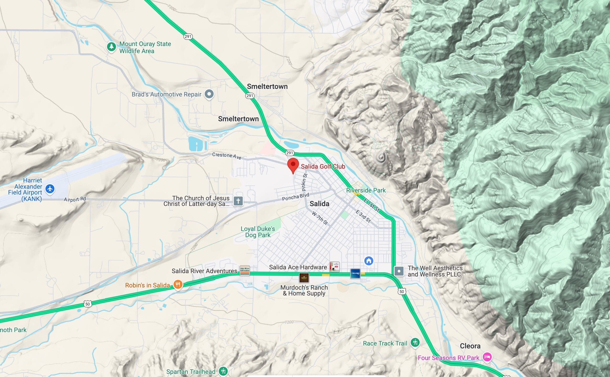Google map of Salida, Colorado - Salida Golf Course - the best golf course in the Colorado Rockies