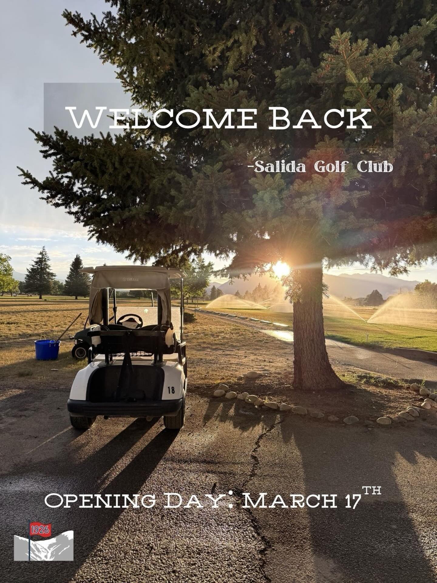 Sun setting on the Salida Golf Course with golf cart in foreground. Opening Day March 17th 2026